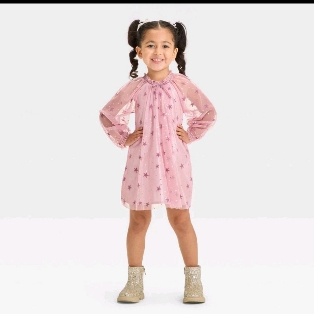 Cat & Jack Toddler Girls' Foil Star Tulle Bow Long Sleeve Dress Pink